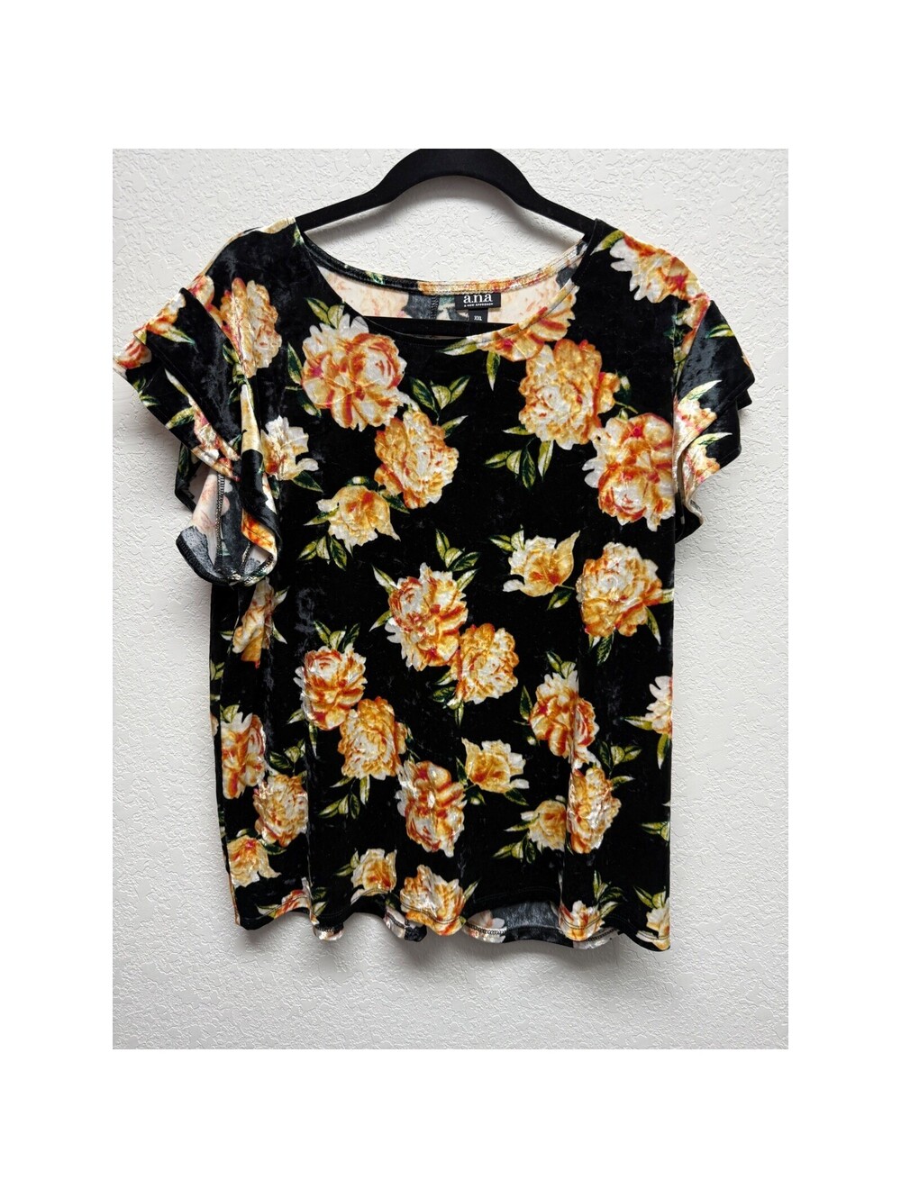 a.n.a Floral Velvet Top Ruffle Sleeve Blouse Black Orange XXL Plus Size